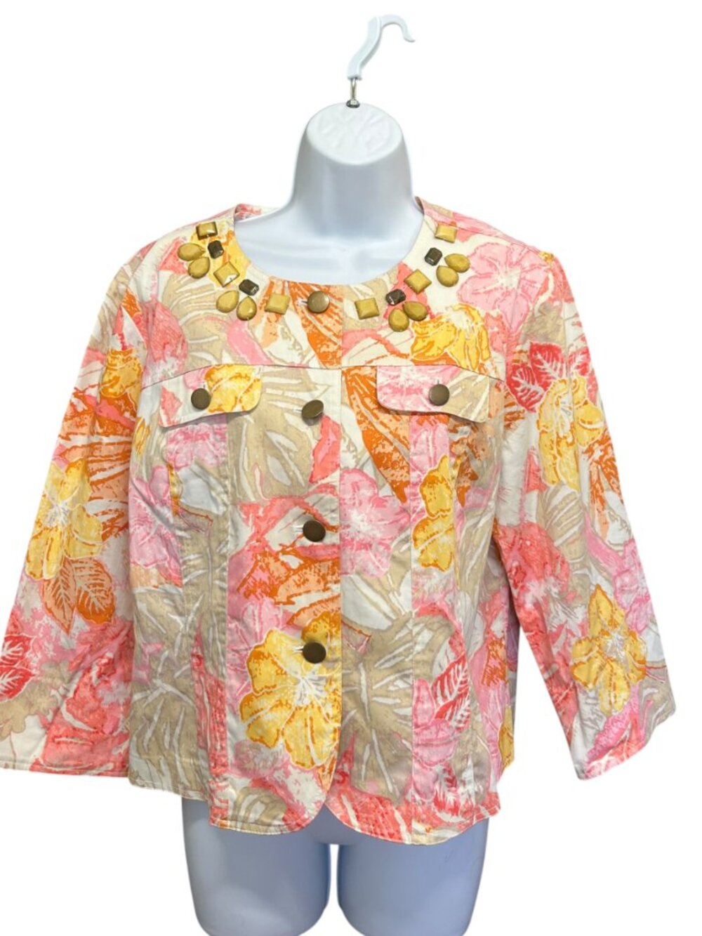 Linear Floral Embellished Button Front Jacket Size L Pink Orange Tropical